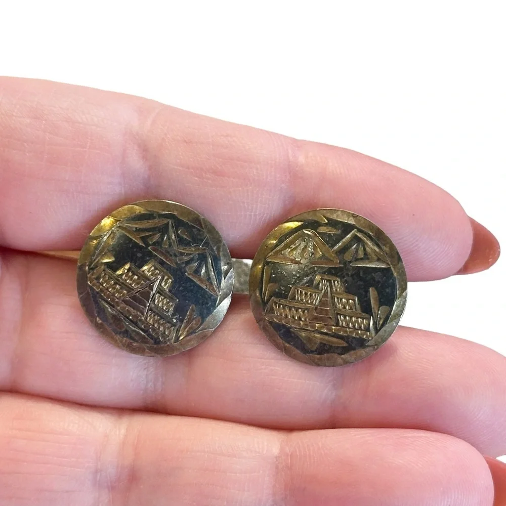 Mexico 925 Vintage Aztec Mayan Temple Alpaca Engraved Cuff Links Sterling Silver